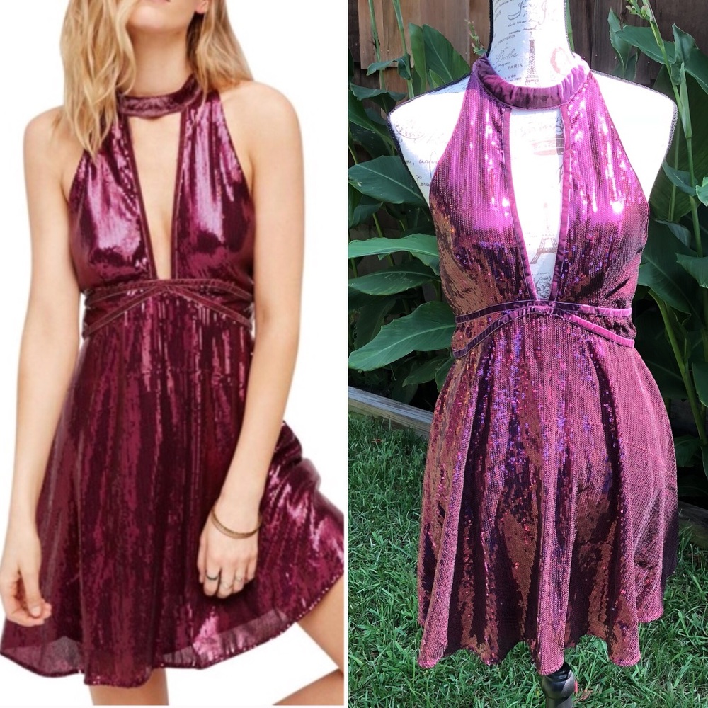 Free People Film Noir Sequin Mini Dress Plum sz 8.